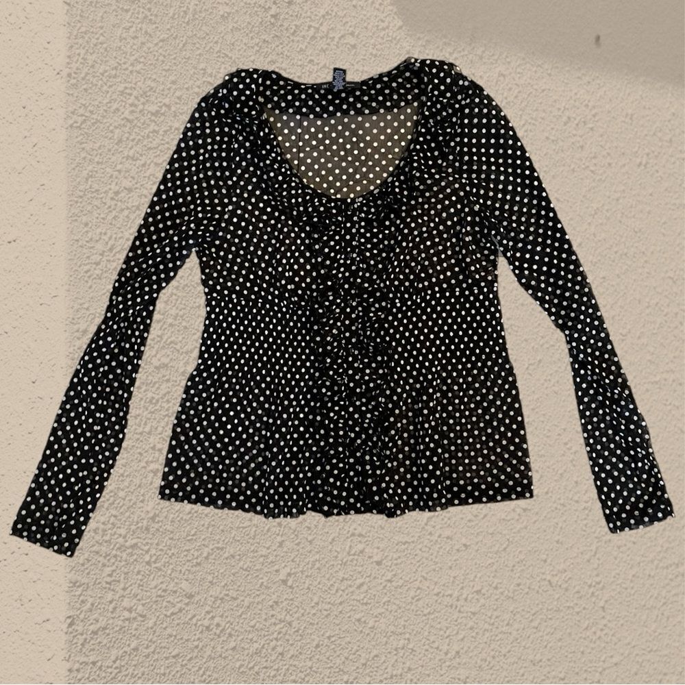 Black and white polka dot mesh ruffled blouse - Picture 6 of 9